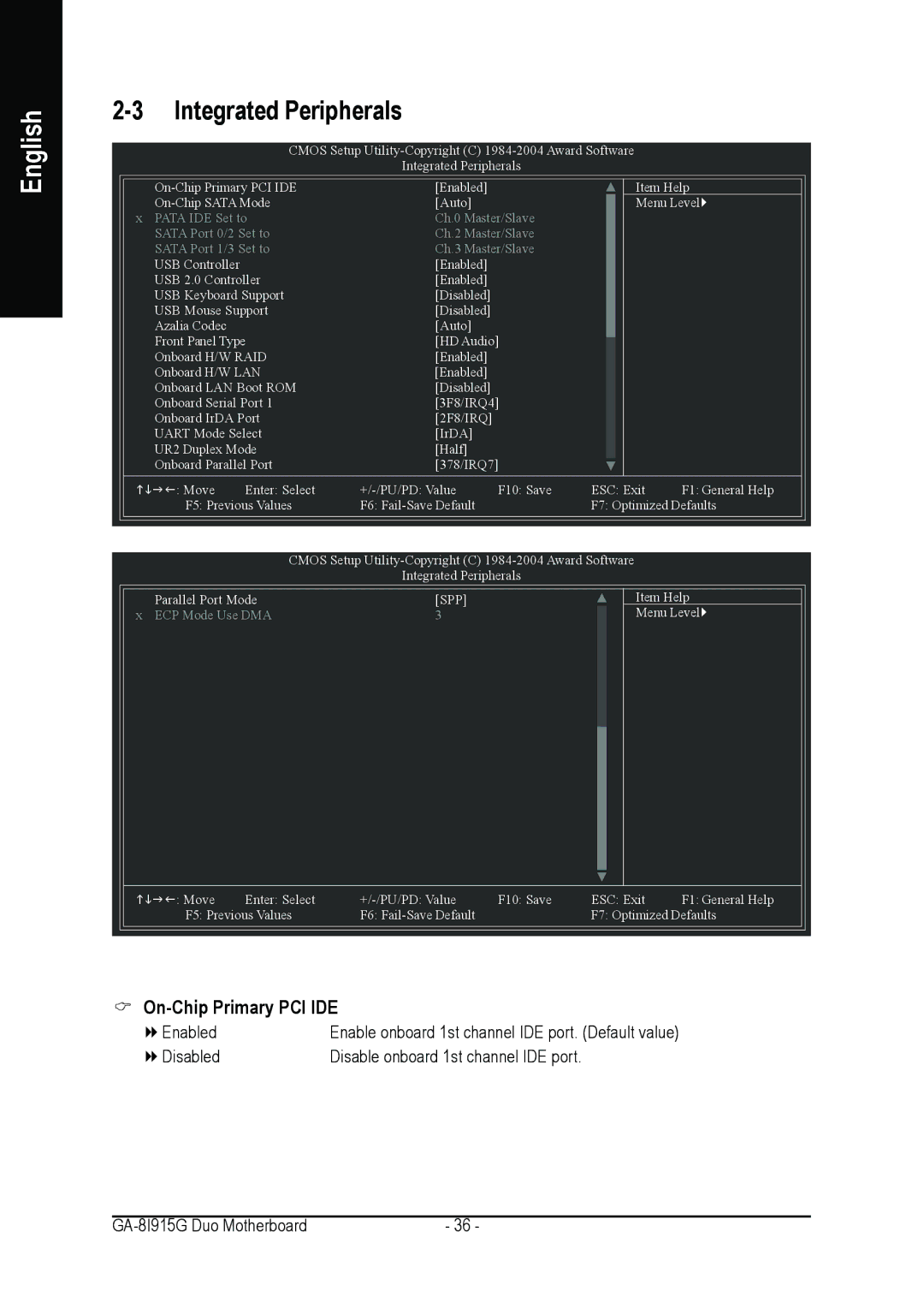 Intel GA-8I915G DUO user manual Integrated Peripherals, On-Chip Primary PCI IDE 