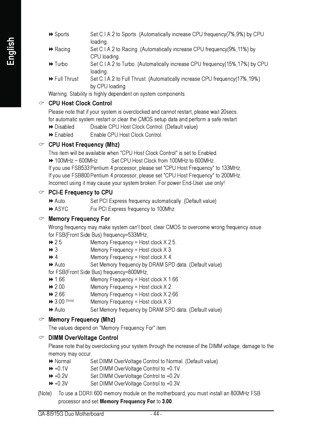 Intel GA-8I915G DUO CPU Host Clock Control, CPU Host Frequency Mhz, PCI-E Frequency to CPU, Memory Frequency For 