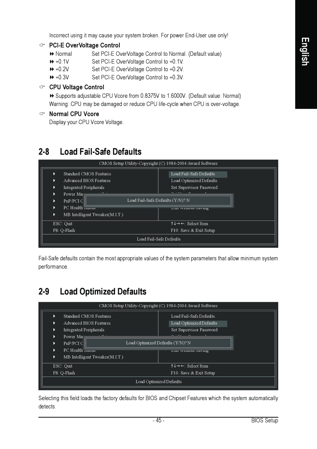 Intel GA-8I915G DUO Load Fail-Safe Defaults, Load Optimized Defaults, PCI-E OverVoltage Control, CPU Voltage Control 