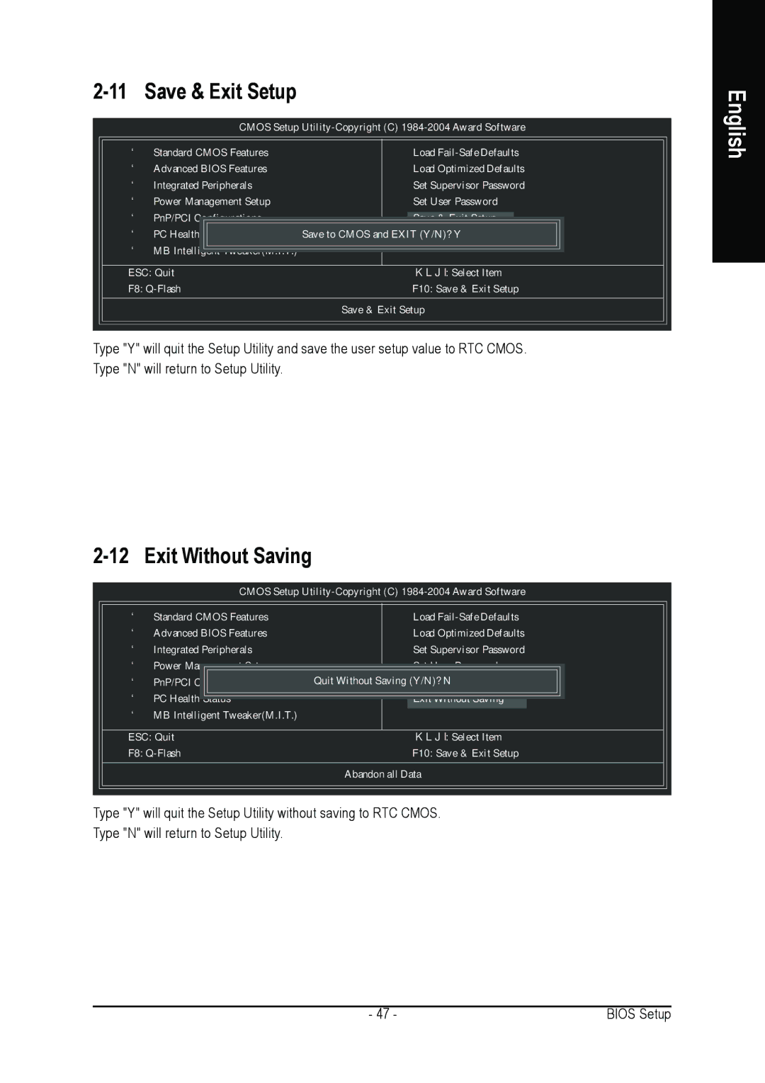 Intel GA-8I915G DUO user manual Save & Exit Setup, Exit Without Saving 