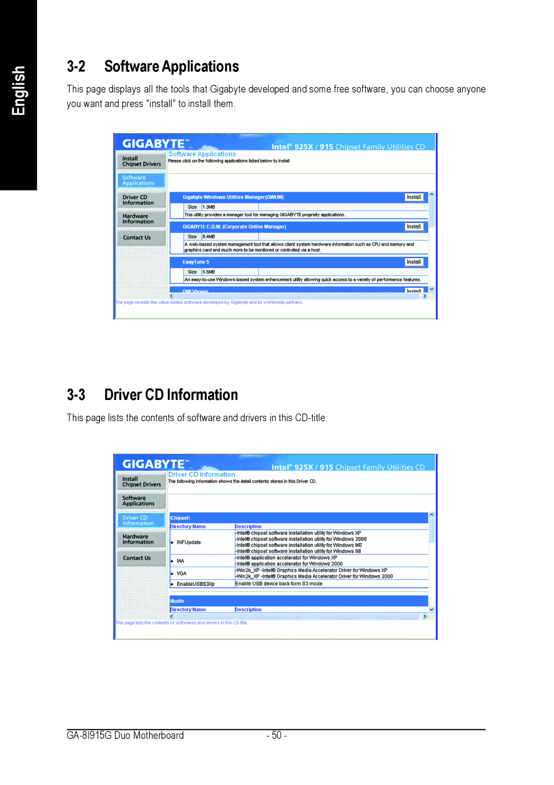 Intel GA-8I915G DUO user manual Software Applications, Driver CD Information 