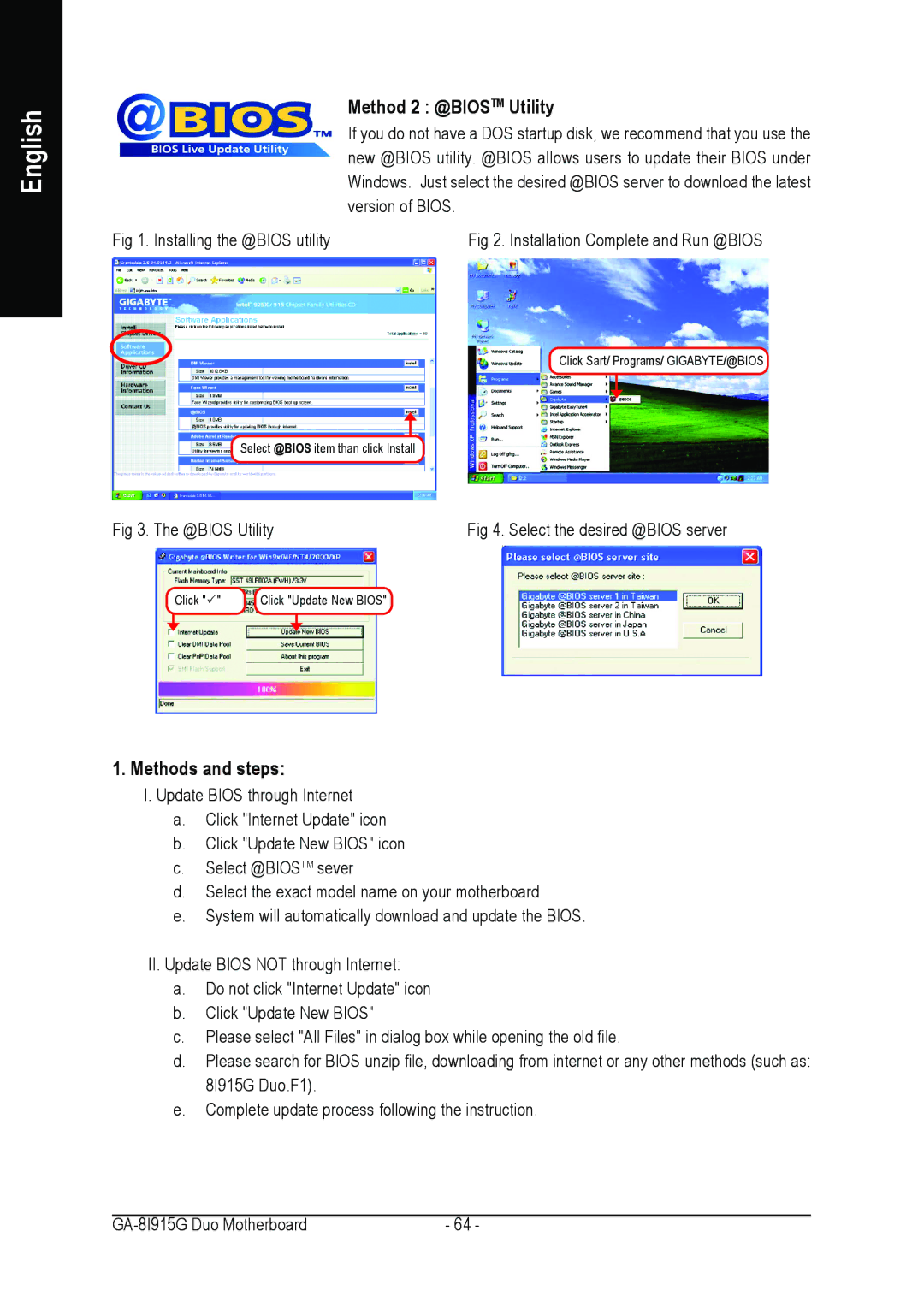 Intel GA-8I915G DUO user manual Method 2 @BIOSTM Utility, Methods and steps 