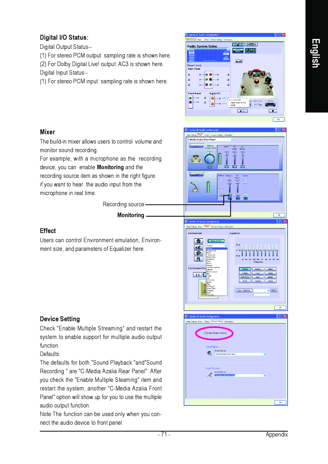 Intel GA-8I915G DUO user manual Digital I/O Status, Mixer, Effect, Device Setting 