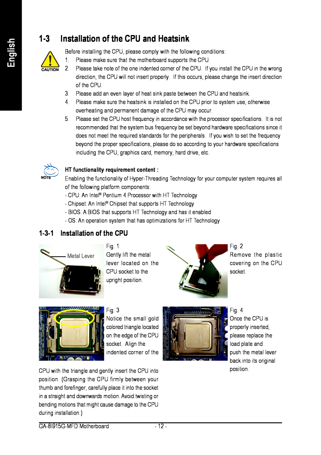 Intel GA-8I915G-MFD user manual 1-3Installation of the CPU and Heatsink, 1-3-1Installation of the CPU, English 
