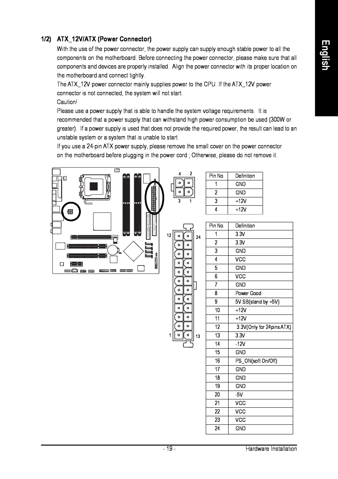 Intel GA-8I915G-MFD user manual 1/2 ATX_12V/ATX Power Connector, English 