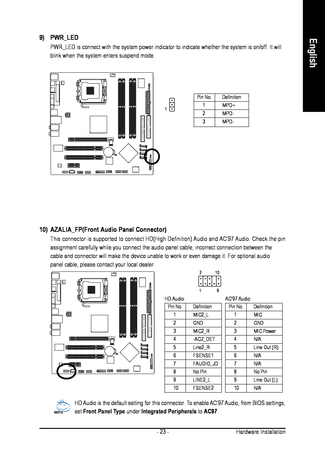 Intel GA-8I915G-MFD user manual 9PWR_LED, 10AZALIA_FPFront Audio Panel Connector, English 
