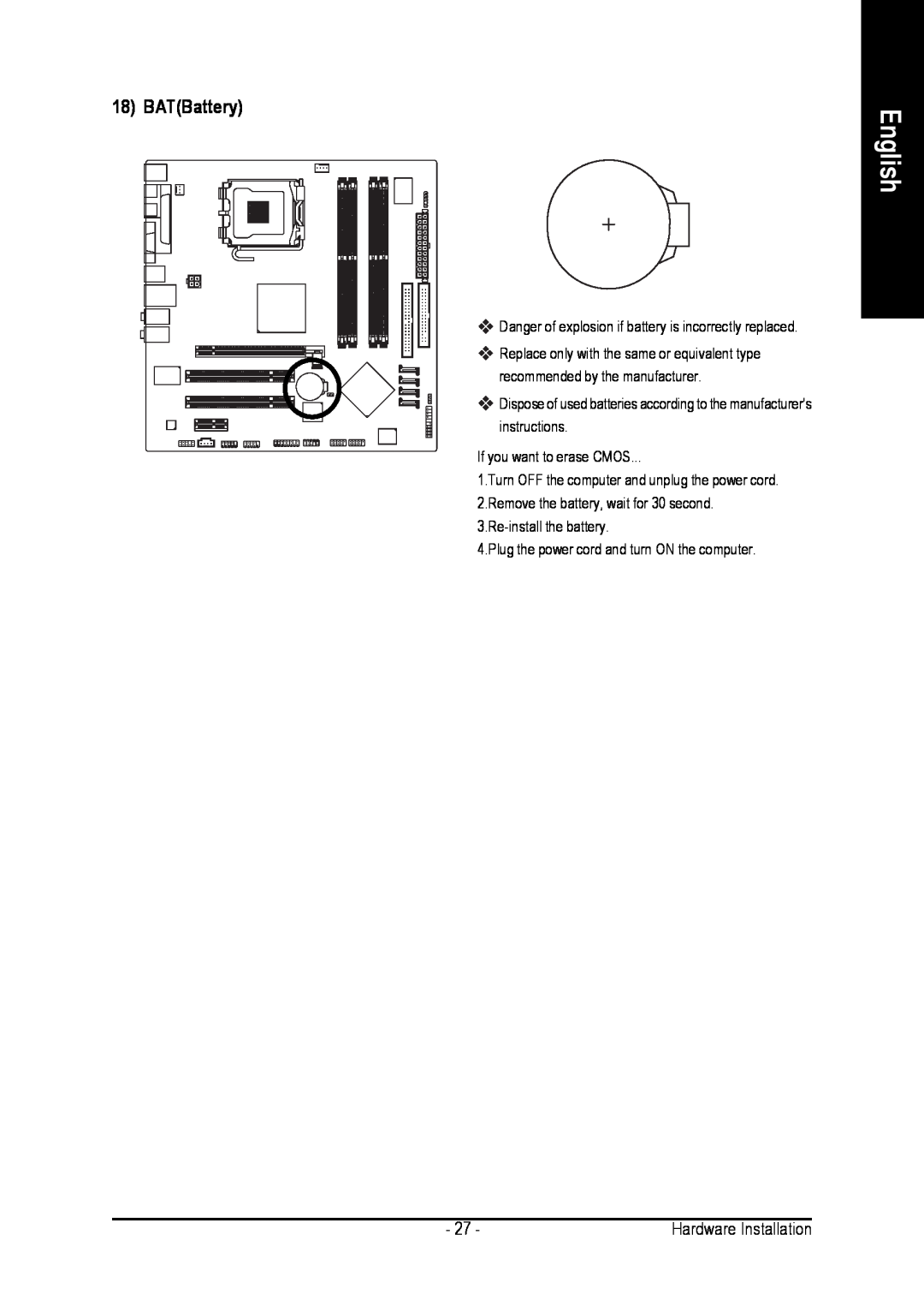 Intel GA-8I915G-MFD user manual BATBattery, English 