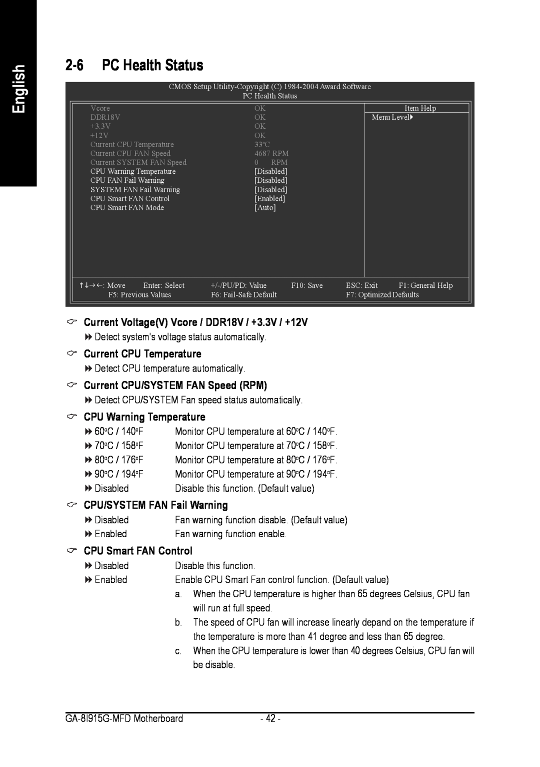 Intel GA-8I915G-MFD PC Health Status, Current VoltageV Vcore / DDR18V / +3.3V / +12V, Current CPU Temperature, English 