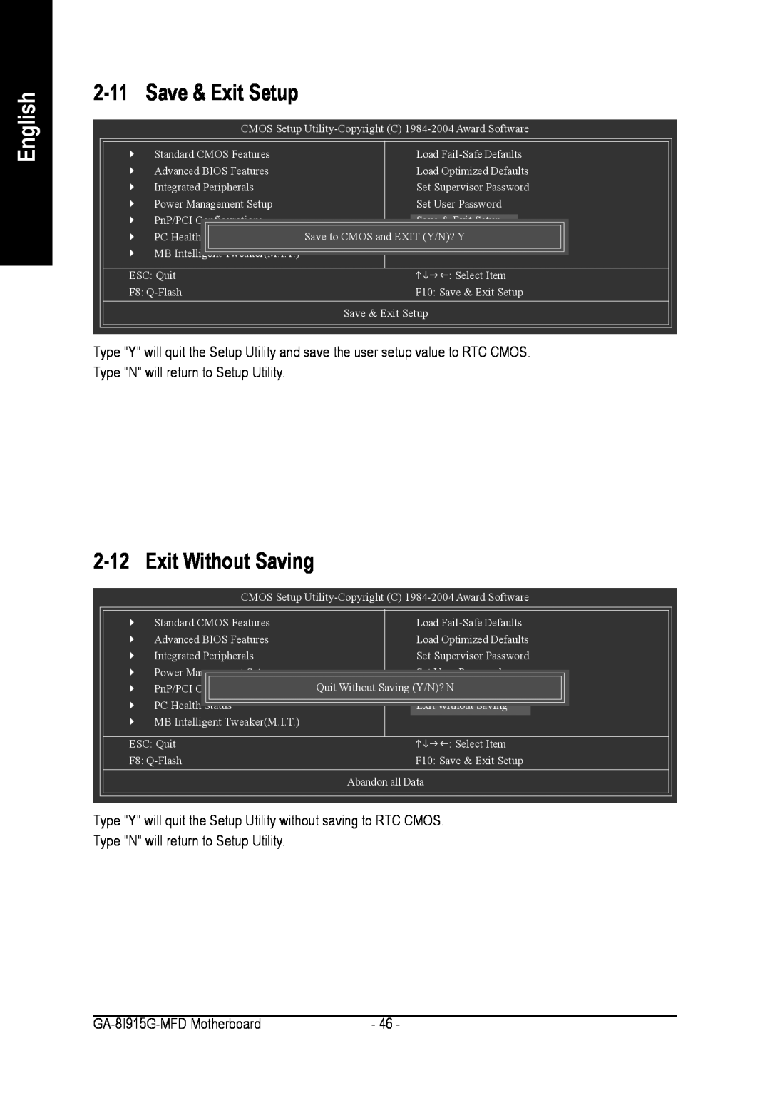 Intel GA-8I915G-MFD 2-11Save & Exit Setup, 2-12Exit Without Saving, English, Type N will return to Setup Utility 