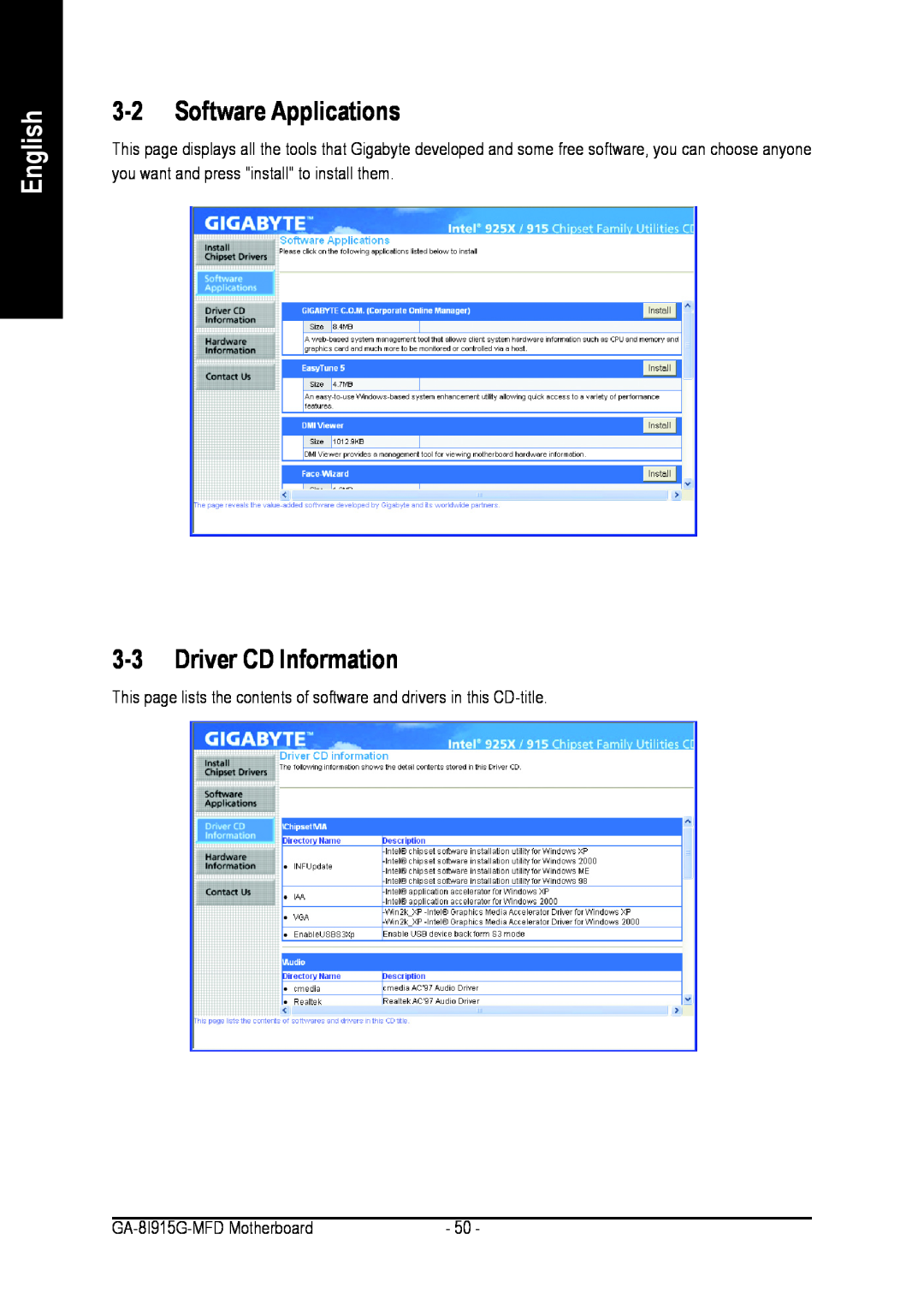 Intel user manual 3-2Software Applications, 3-3Driver CD Information, English, GA-8I915G-MFDMotherboard 