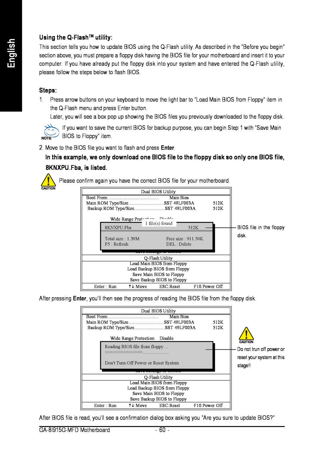 Intel GA-8I915G-MFD user manual Using the Q-FlashTM utility, Steps, English 