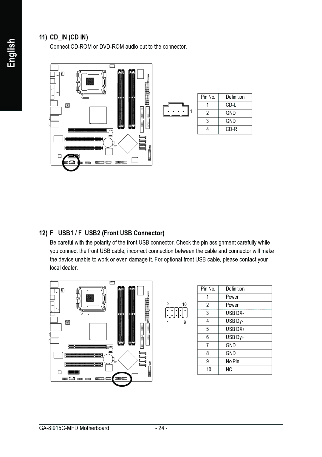 Intel GA-8I915G-MFD user manual Cdin CD, USB1 / FUSB2 Front USB Connector 