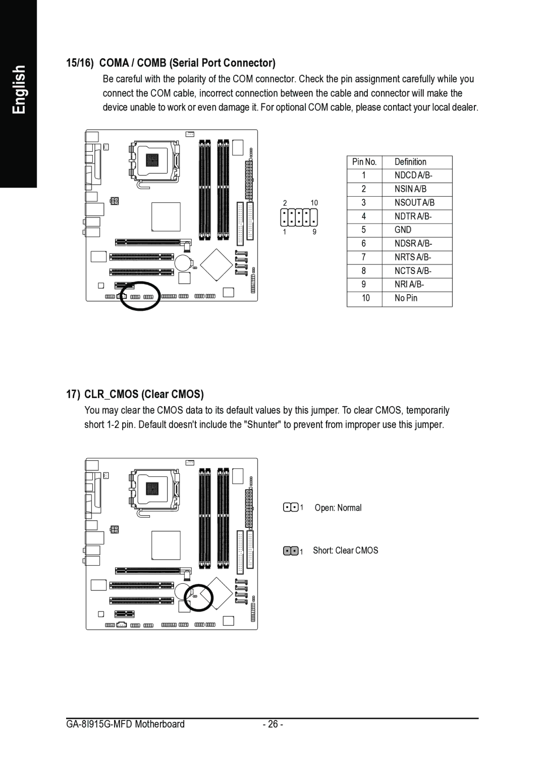 Intel GA-8I915G-MFD user manual 15/16 Coma / Comb Serial Port Connector, Clrcmos Clear Cmos 