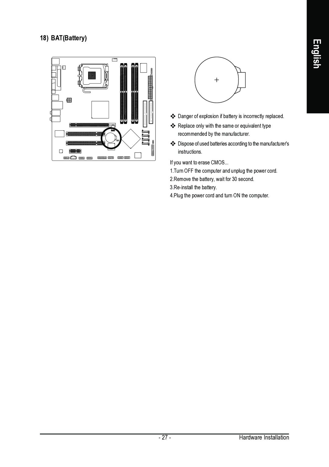 Intel GA-8I915G-MFD user manual BATBattery 