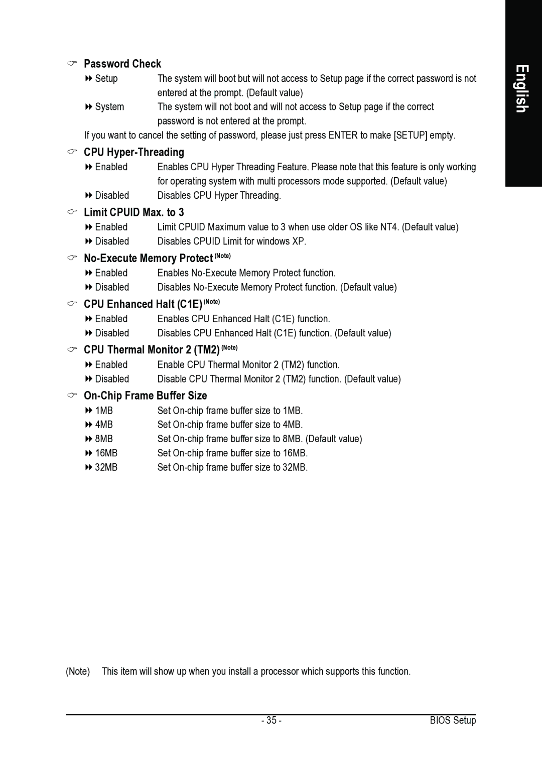 Intel GA-8I915G-MFD user manual Password Check, CPU Hyper-Threading, Limit Cpuid Max. to, No-Execute Memory Protect Note 