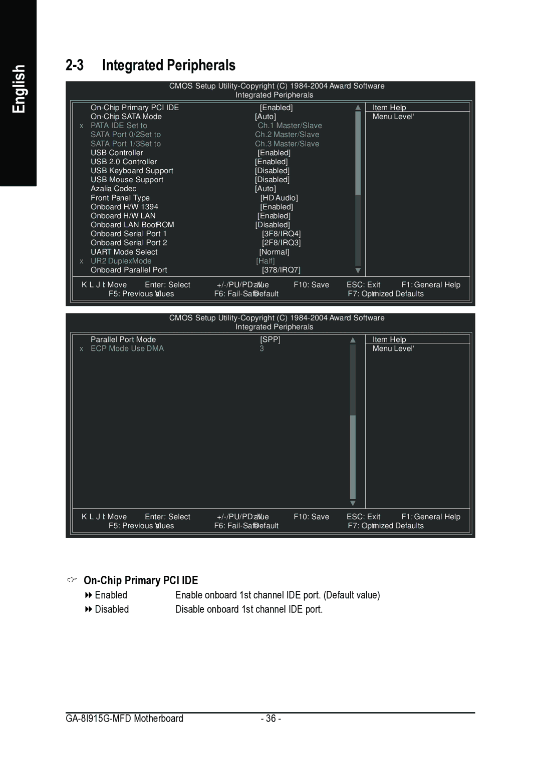 Intel GA-8I915G-MFD user manual Integrated Peripherals, On-Chip Primary PCI IDE 