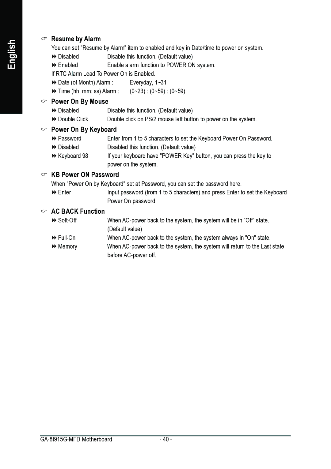 Intel GA-8I915G-MFD Resume by Alarm, Power On By Mouse, Power On By Keyboard, KB Power on Password, AC Back Function 