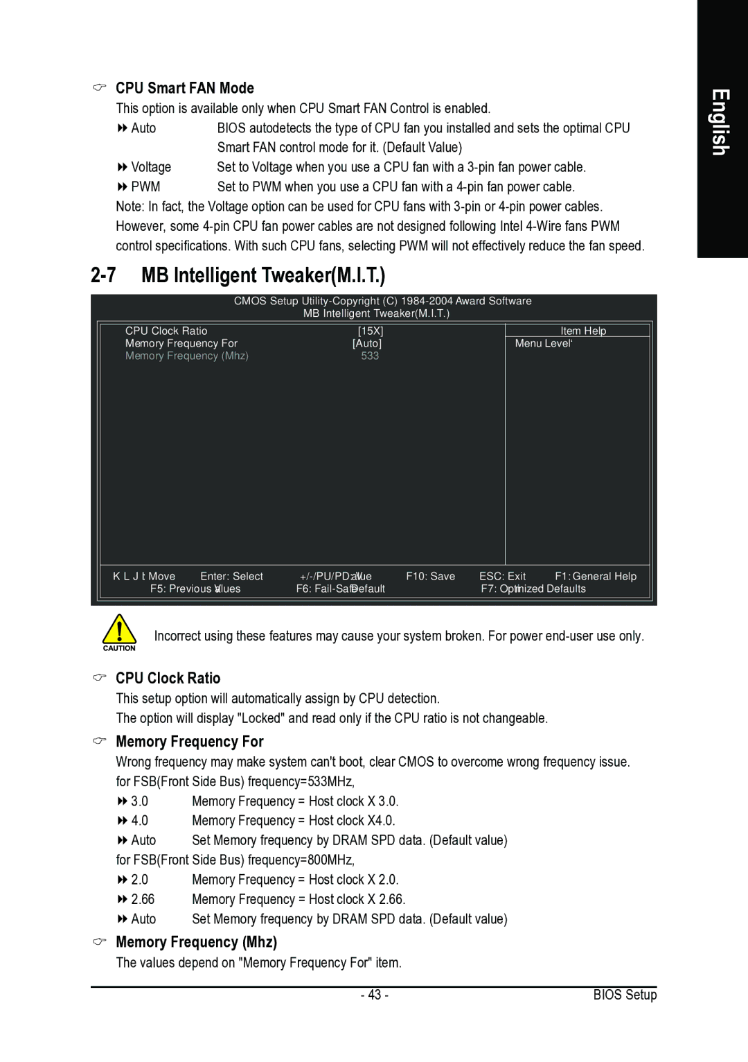 Intel GA-8I915G-MFD user manual MB Intelligent TweakerM.I.T, CPU Smart FAN Mode, CPU Clock Ratio, Memory Frequency For 