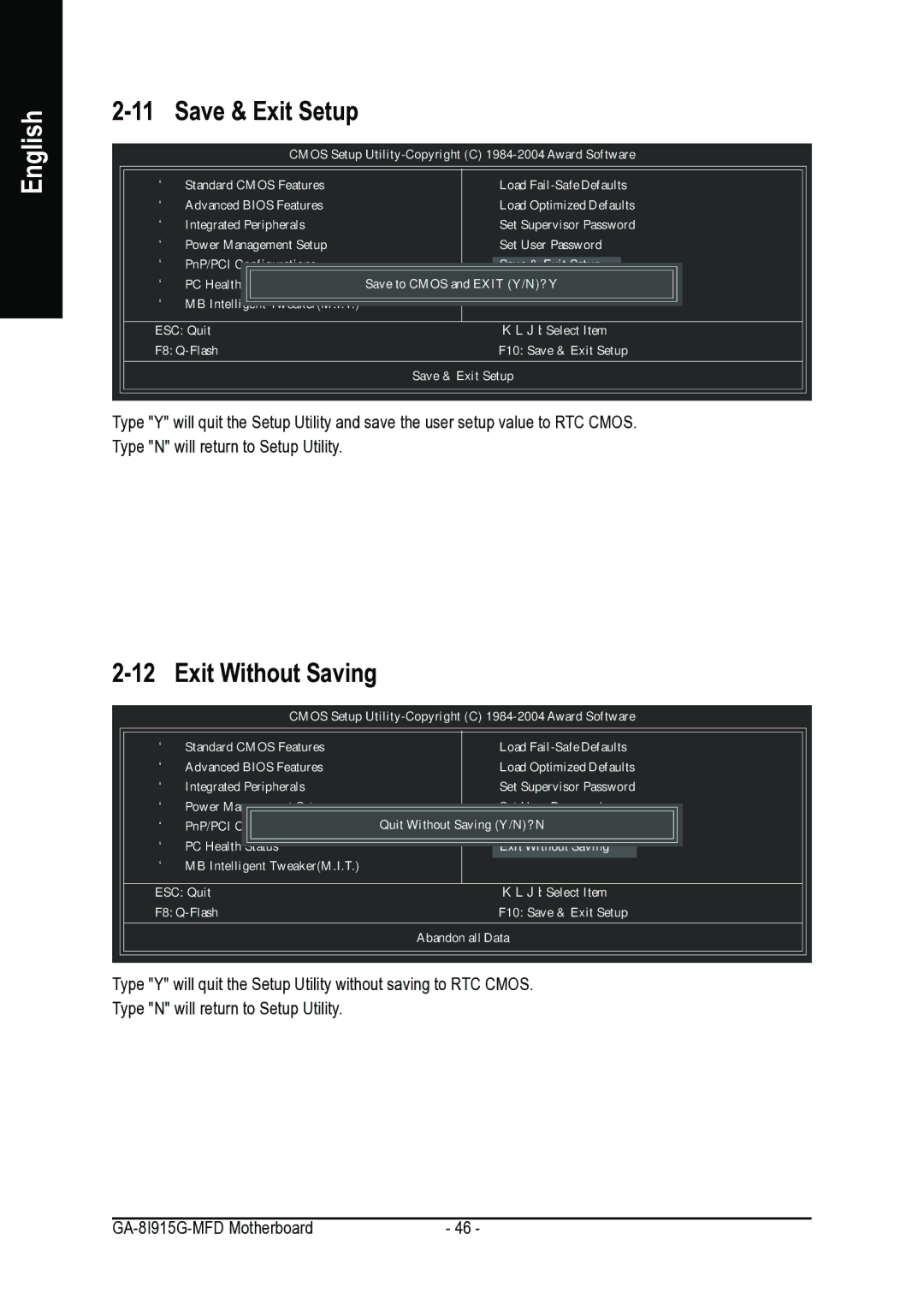 Intel GA-8I915G-MFD user manual Save & Exit Setup, Exit Without Saving 