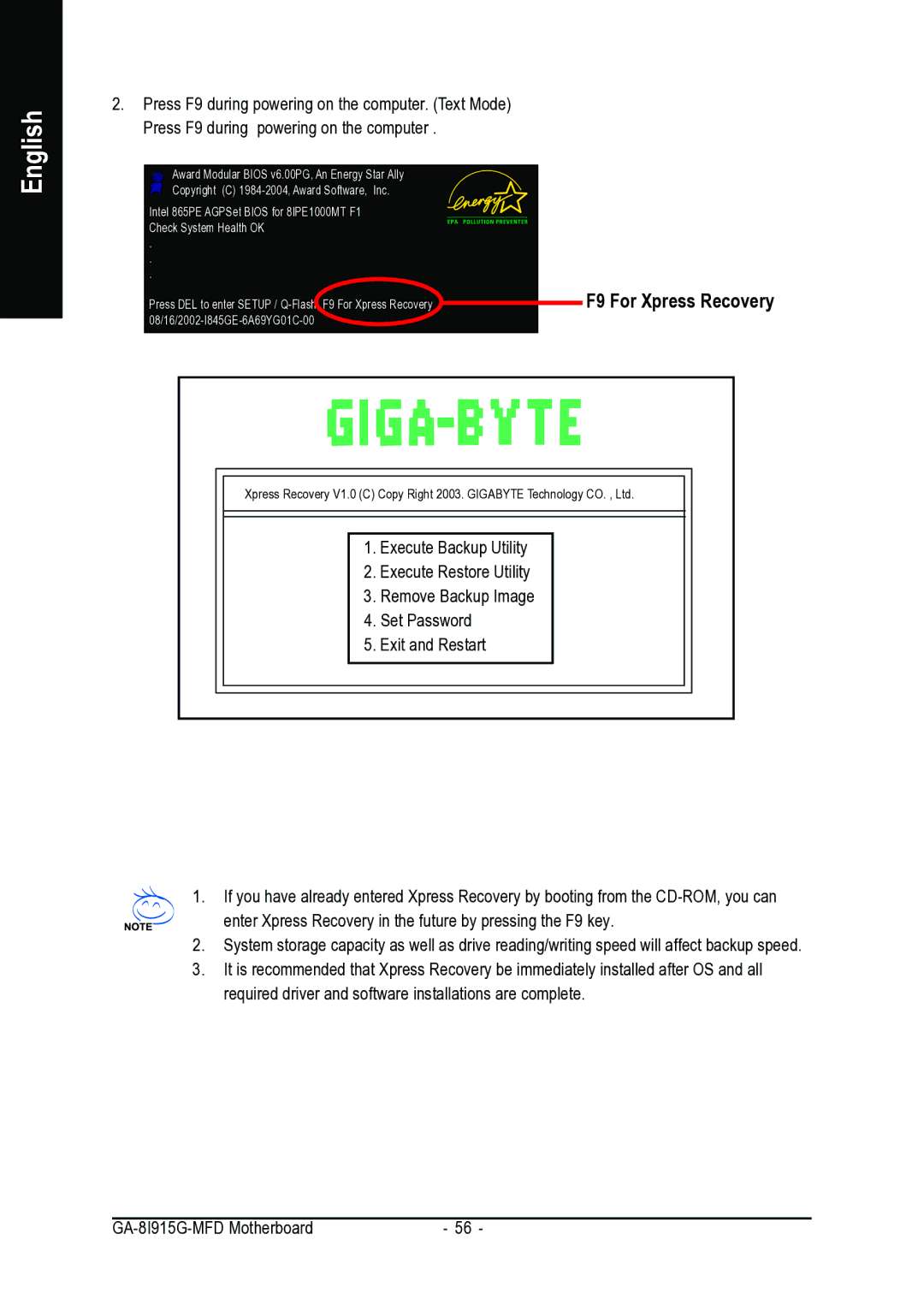 Intel GA-8I915G-MFD user manual F9 For Xpress Recovery 