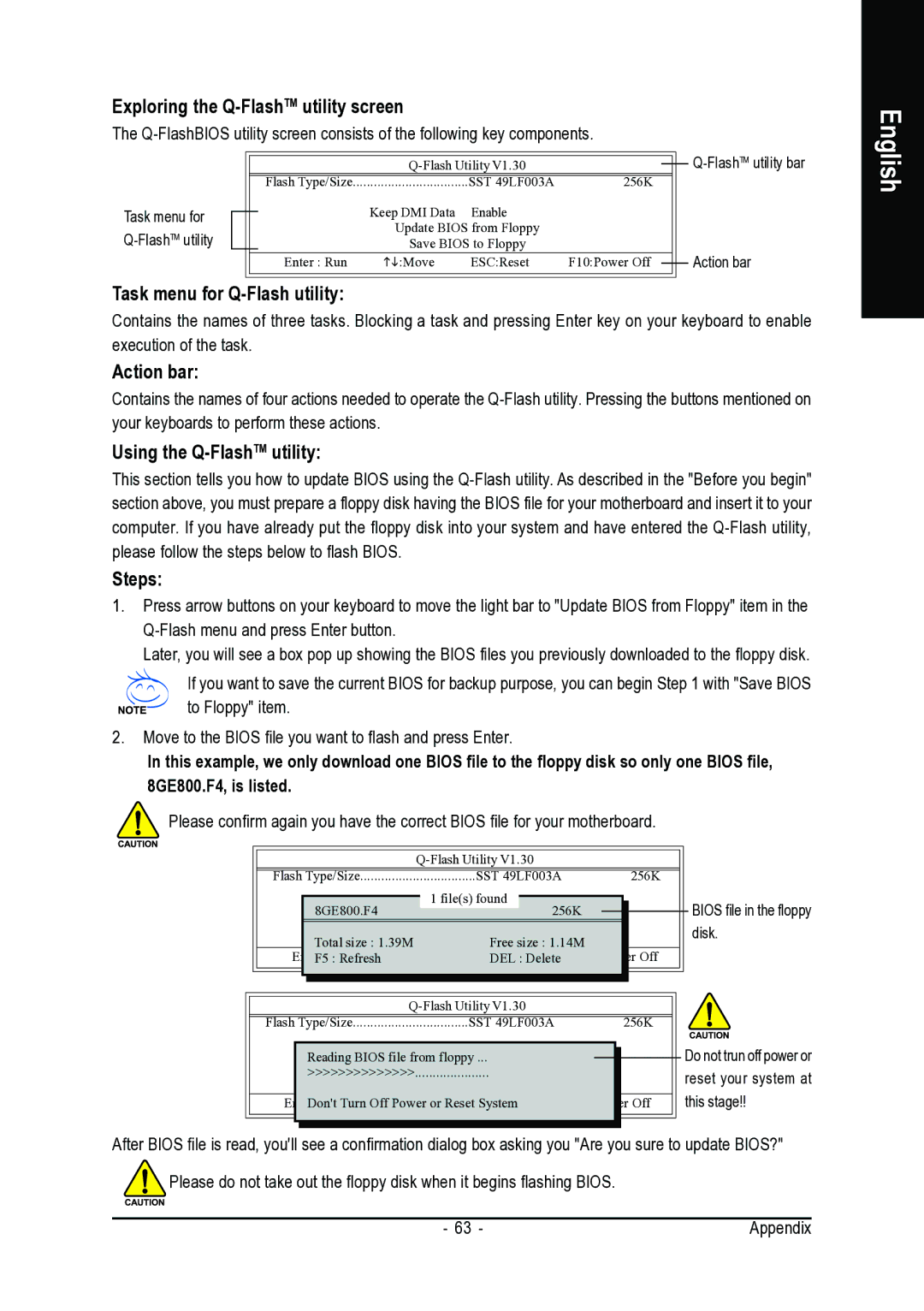 Intel GA-8I915G-MFD user manual Exploring the Q-FlashTMutility screen, FlashTMutility bar 