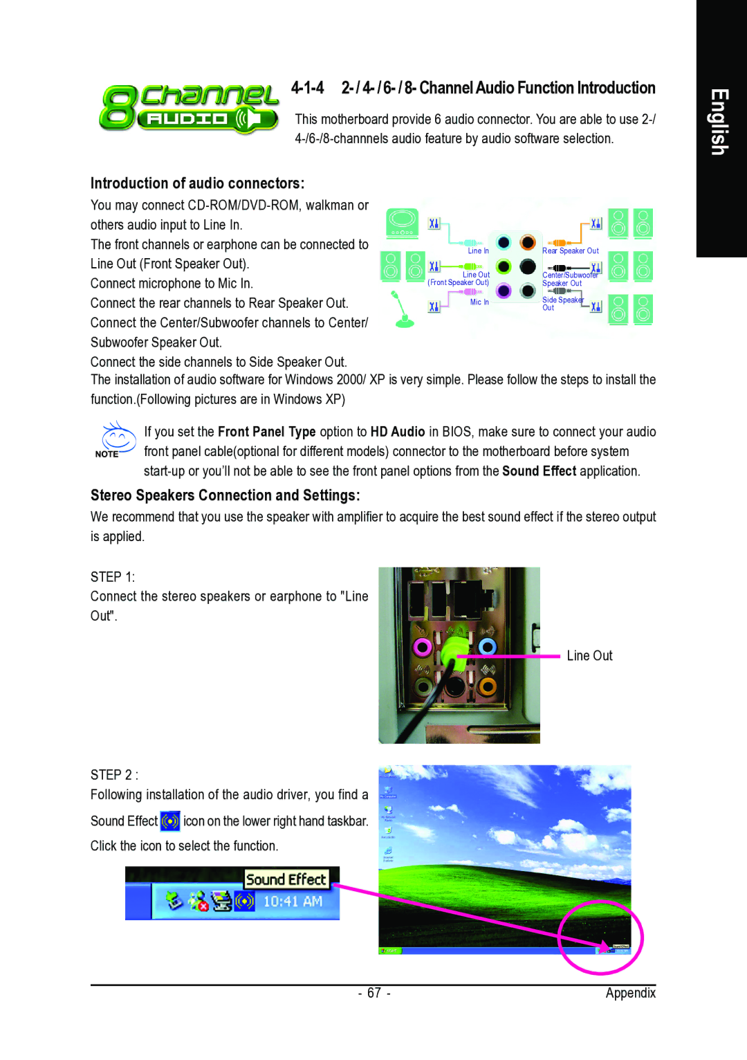 Intel GA-8I915G-MFD user manual 4 2- / 4- / 6- / 8- Channel Audio Function Introduction, Introduction of audio connectors 