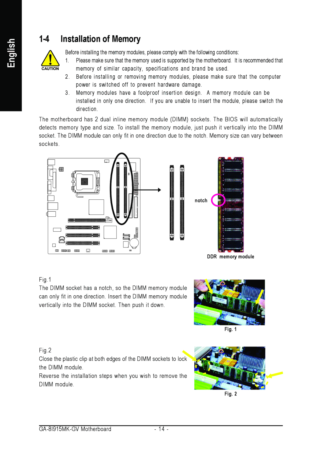 Intel GA-8I915MK-GV user manual Installation of Memory 