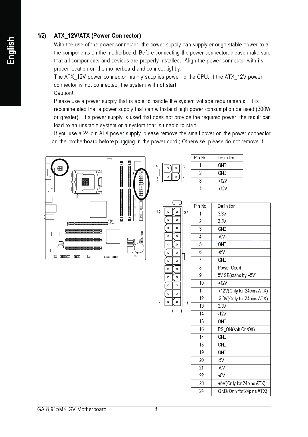 Intel GA-8I915MK-GV user manual ATX12V/ATX Power Connector 