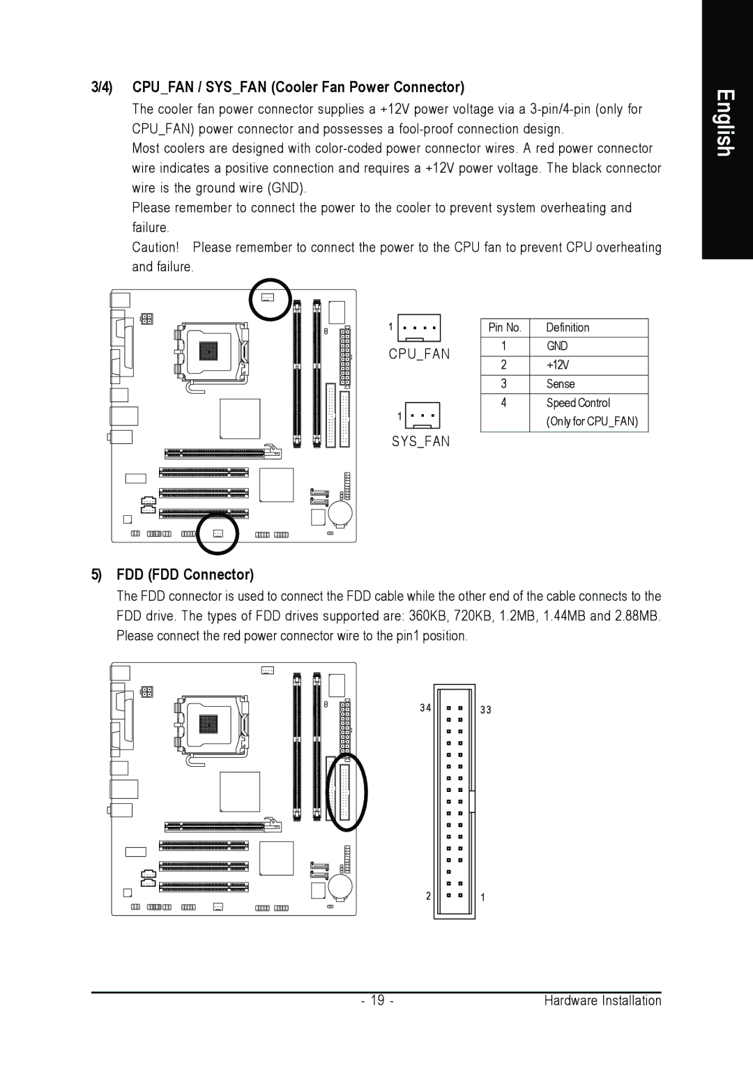 Intel GA-8I915MK-GV user manual Cpufan / Sysfan Cooler Fan Power Connector, FDD FDD Connector 