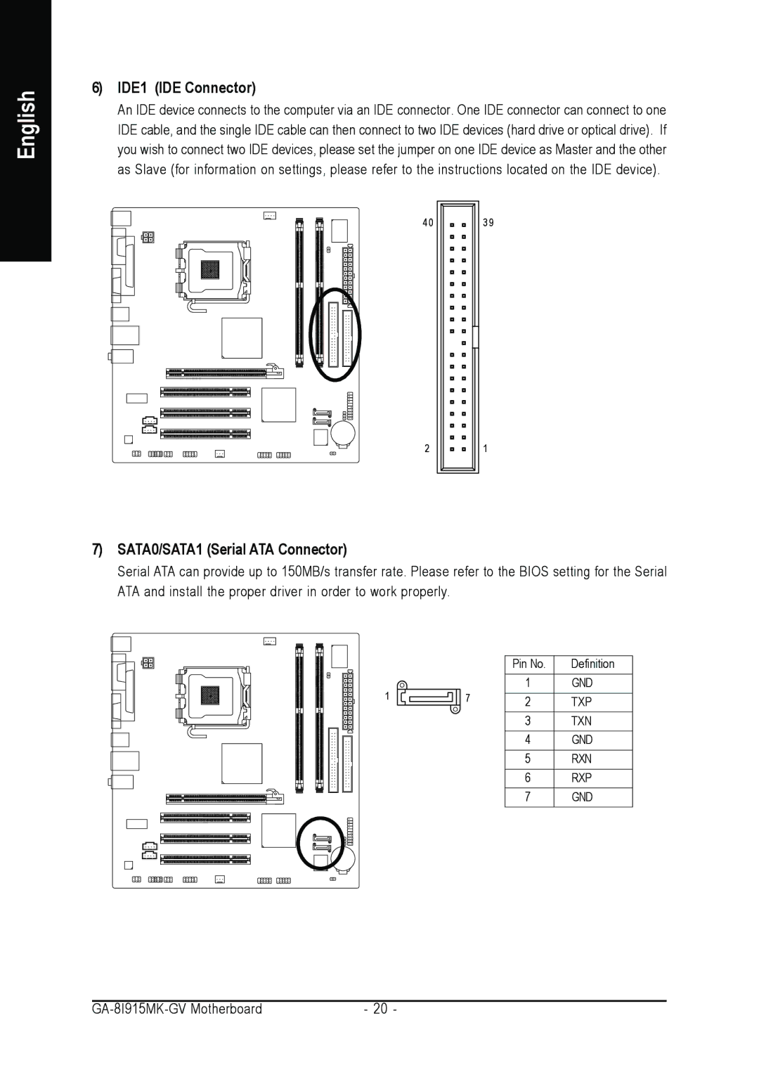 Intel GA-8I915MK-GV user manual IDE1 IDE Connector, SATA0/SATA1 Serial ATA Connector 