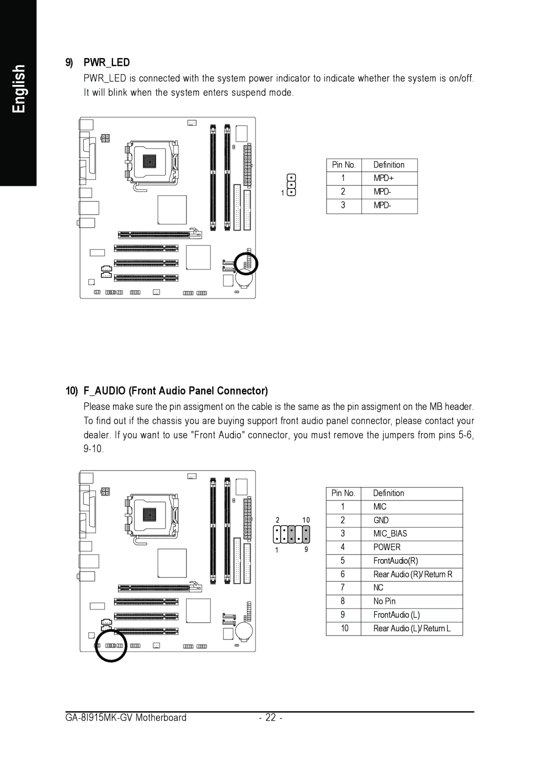 Intel GA-8I915MK-GV user manual Pwrled, Faudio Front Audio Panel Connector 