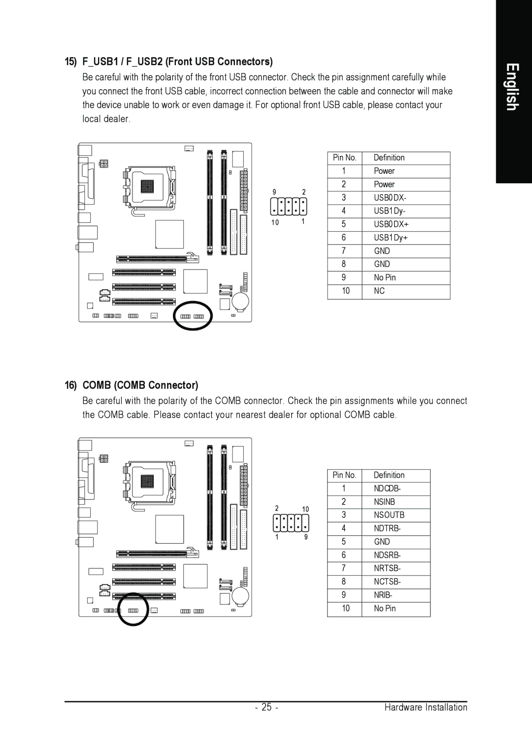 Intel GA-8I915MK-GV user manual FUSB1 / FUSB2 Front USB Connectors, Comb Comb Connector 