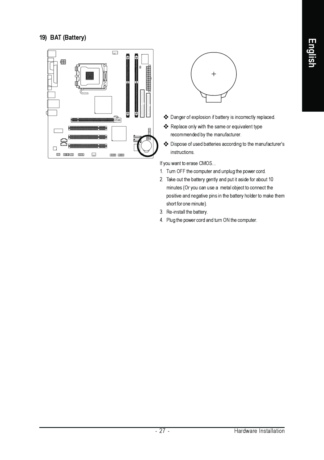 Intel GA-8I915MK-GV user manual BAT Battery 