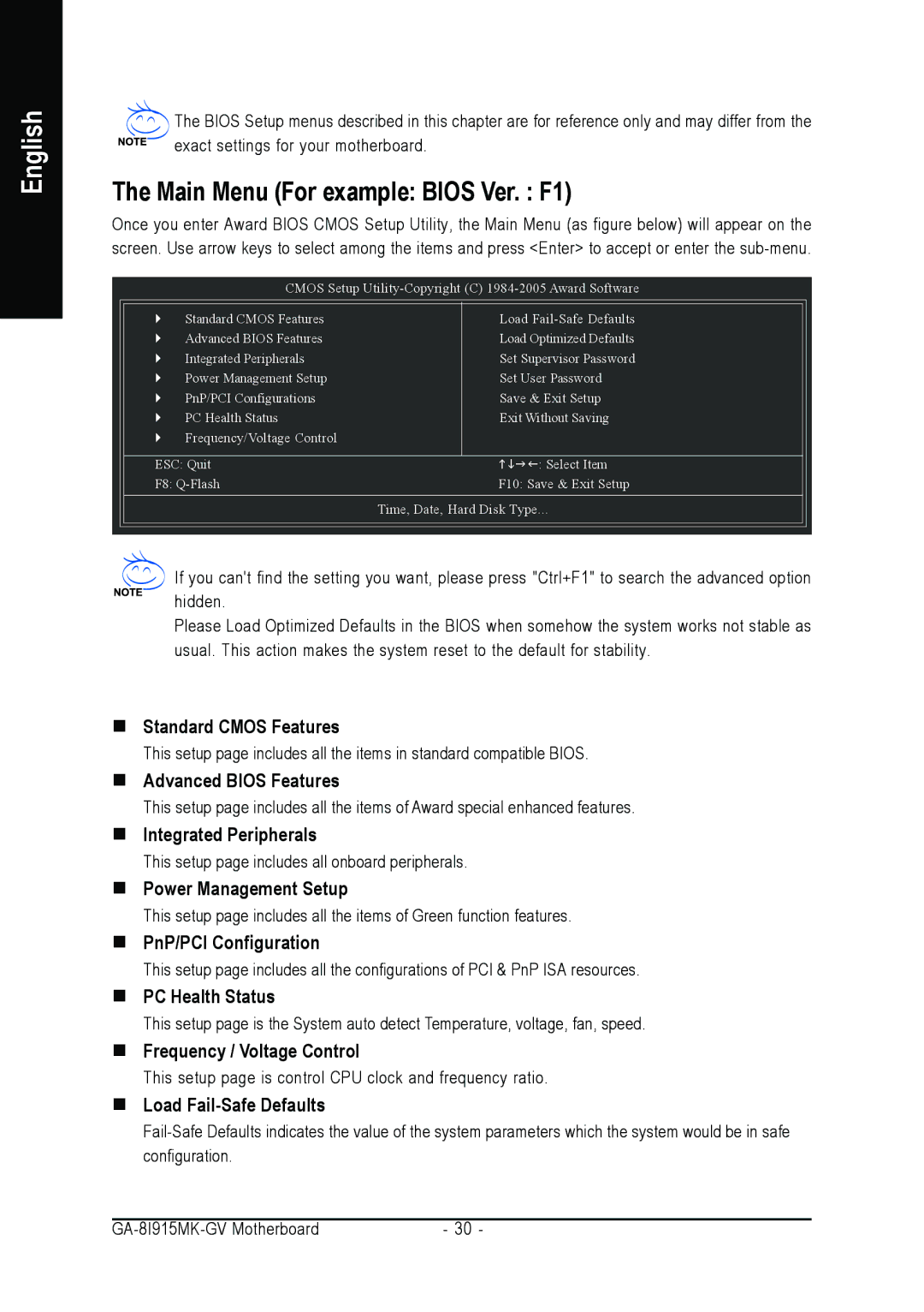 Intel GA-8I915MK-GV user manual Main Menu For example Bios Ver. F1 