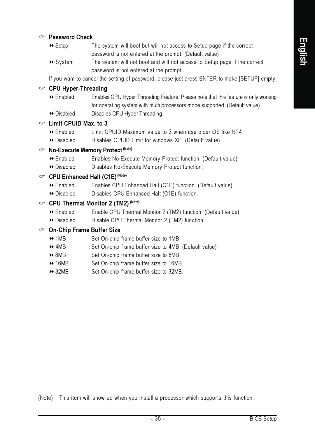 Intel GA-8I915MK-GV user manual Password Check, CPU Hyper-Threading, Limit Cpuid Max. to, No-Execute Memory Protect Note 