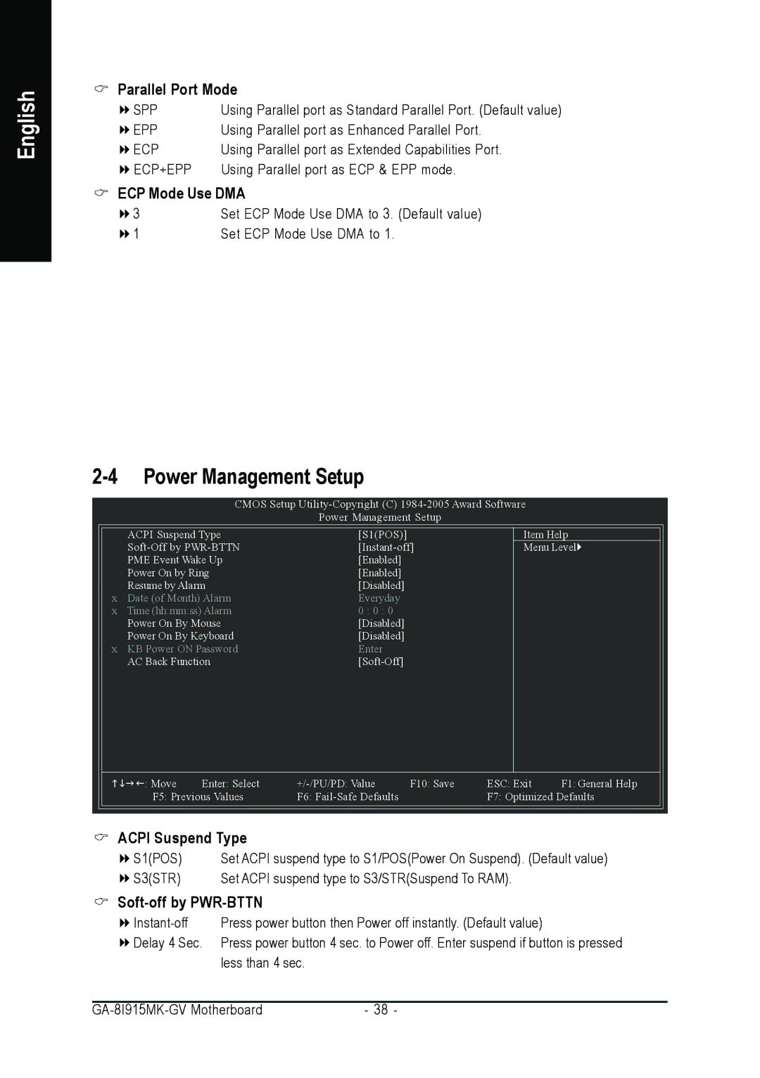 Intel GA-8I915MK-GV user manual Power Management Setup, Parallel Port Mode, ECP Mode Use DMA 