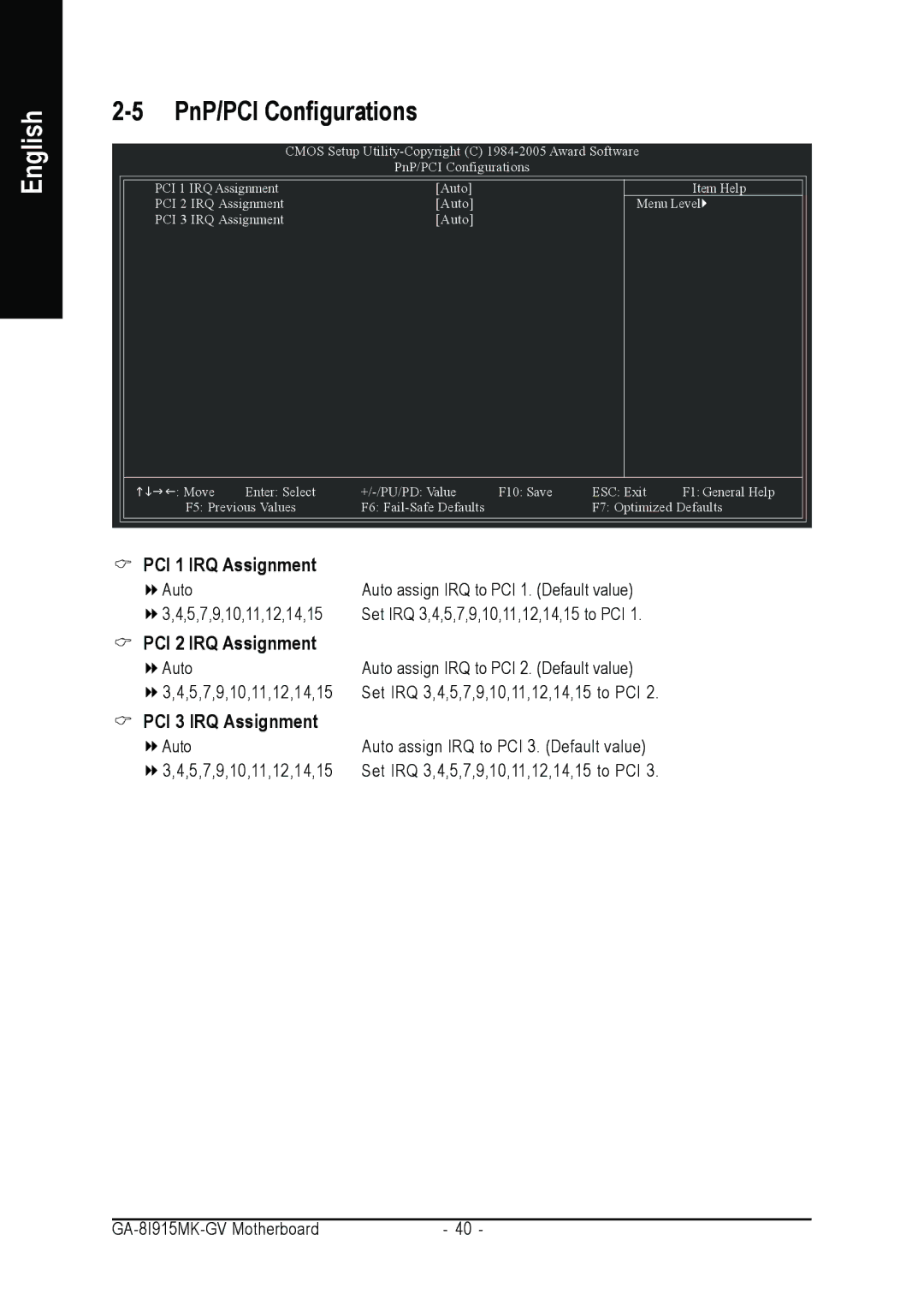 Intel GA-8I915MK-GV user manual PnP/PCI Configurations, PCI 1 IRQ Assignment 