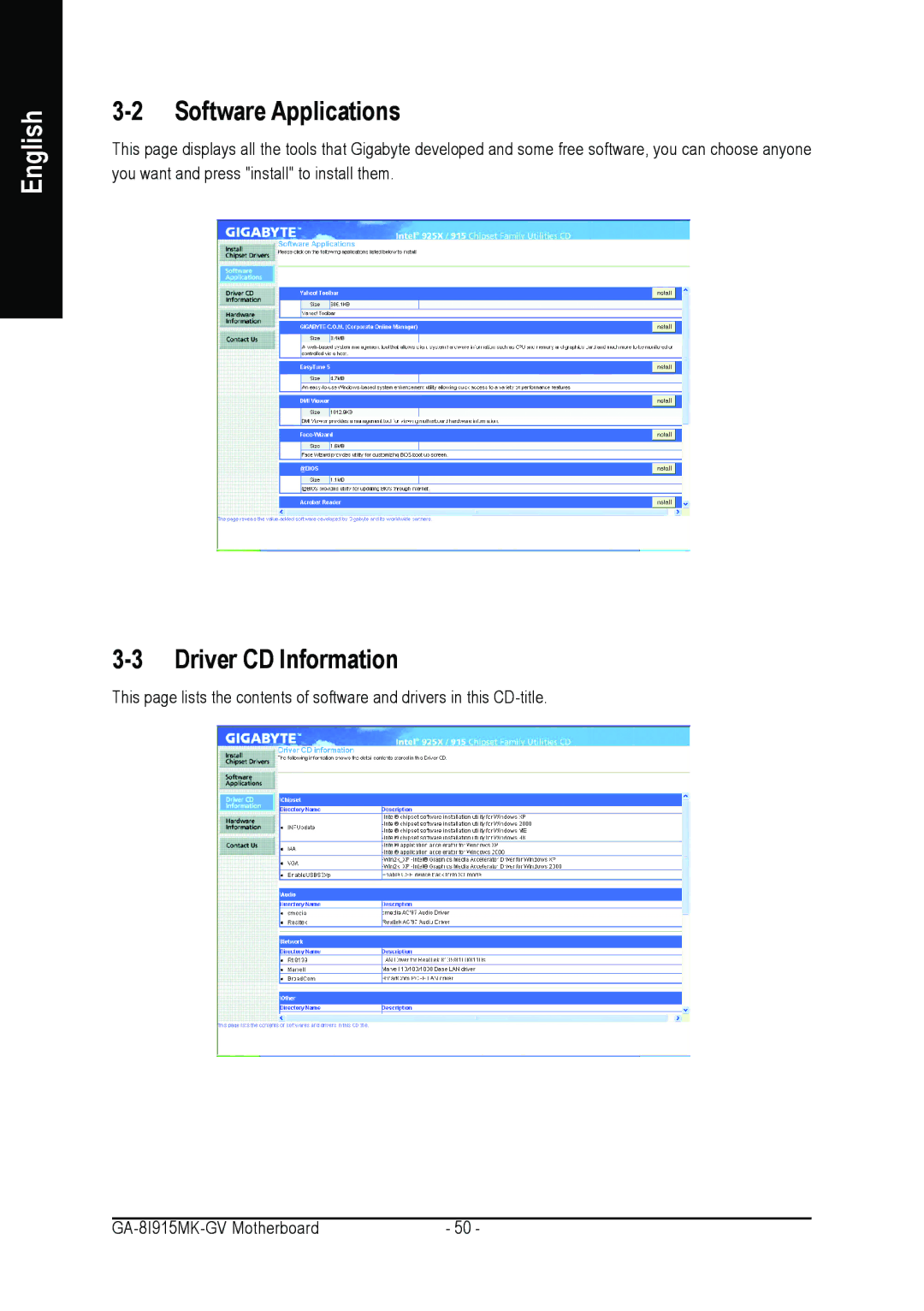 Intel GA-8I915MK-GV user manual Software Applications, Driver CD Information 