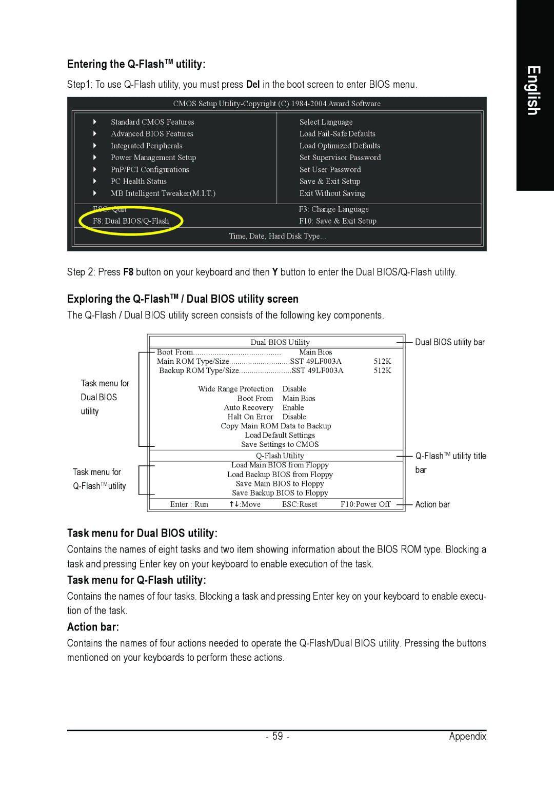 Intel GA-8I915MK-GV Entering the Q-FlashTMutility, Exploring the Q-FlashTM / Dual Bios utility screen, Action bar 