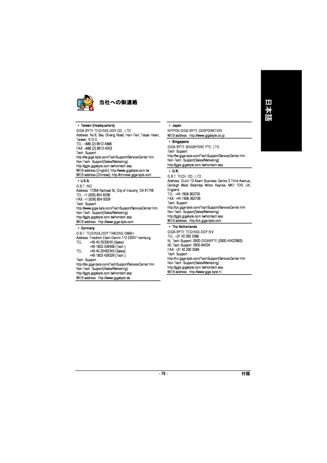 Intel GA-8I915P manual 当社への御連絡, Singapore, Taiwan Headquarters, U.S.A, Germany, Japan, The Netherlands 