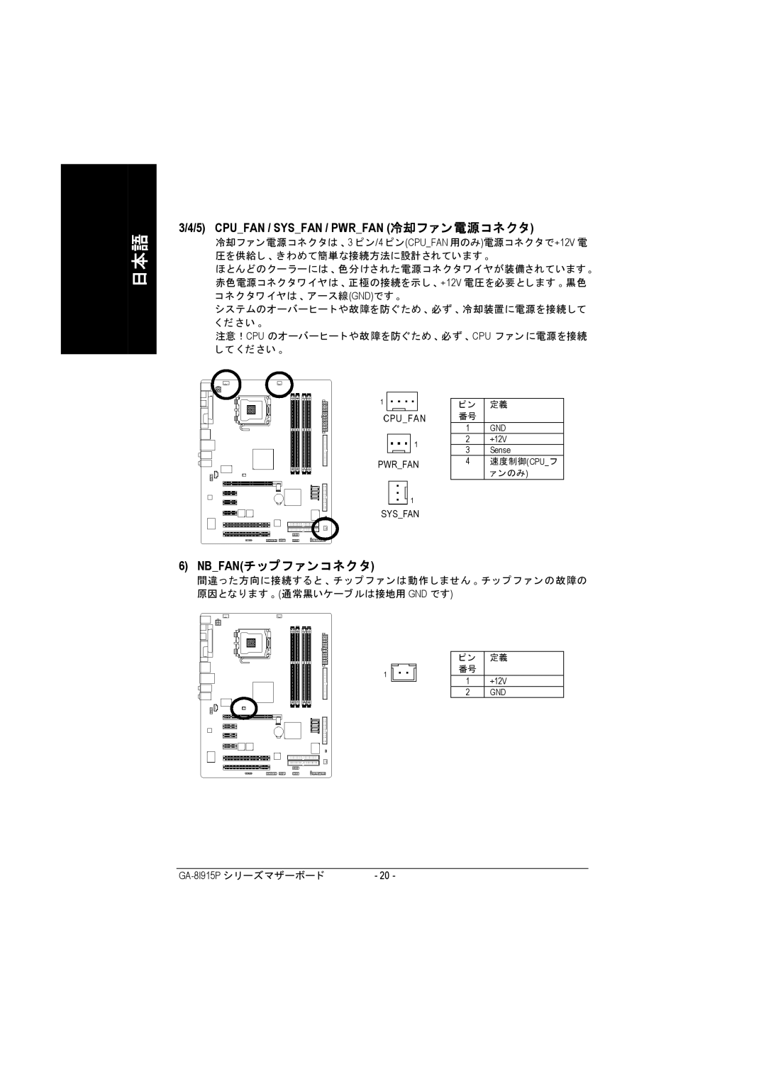 Intel GA-8I915P manual Cpufan / Sysfan / Pwrfan 冷却ファン電源コネクタ, Nbfanチップフ ァン コネク タ 