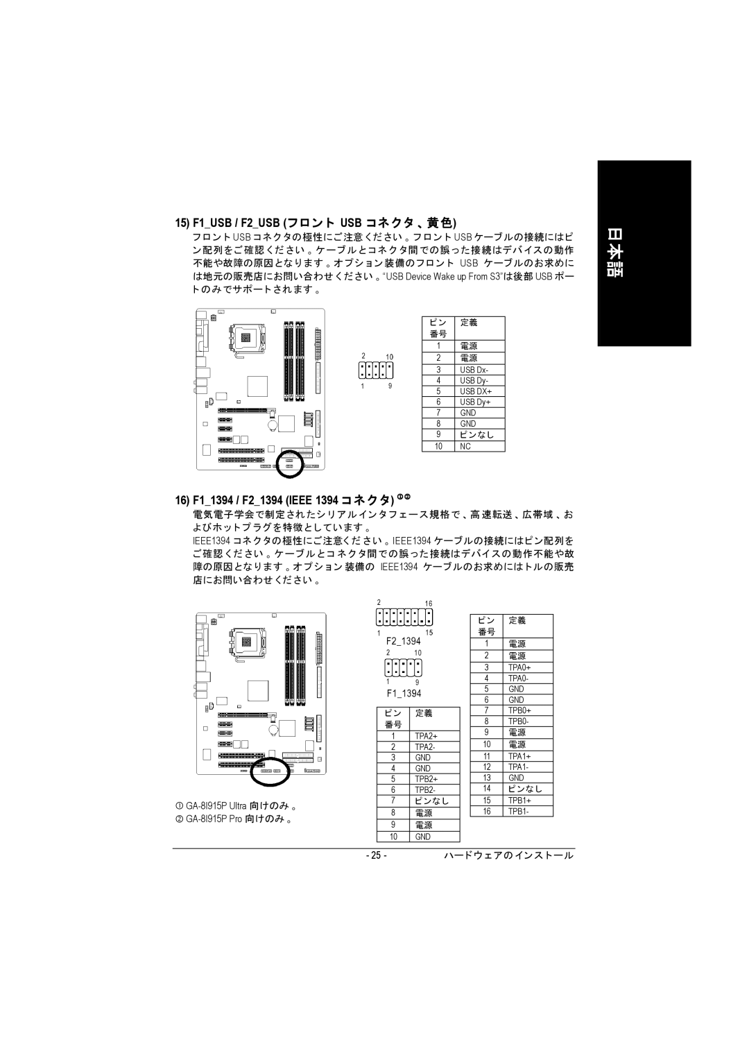 Intel GA-8I915P manual 15 F1USB / F2USB フロン ト USB コネク タ 、黄色, 16 F11394 / F21394 Ieee 1394 コネク タ MN 