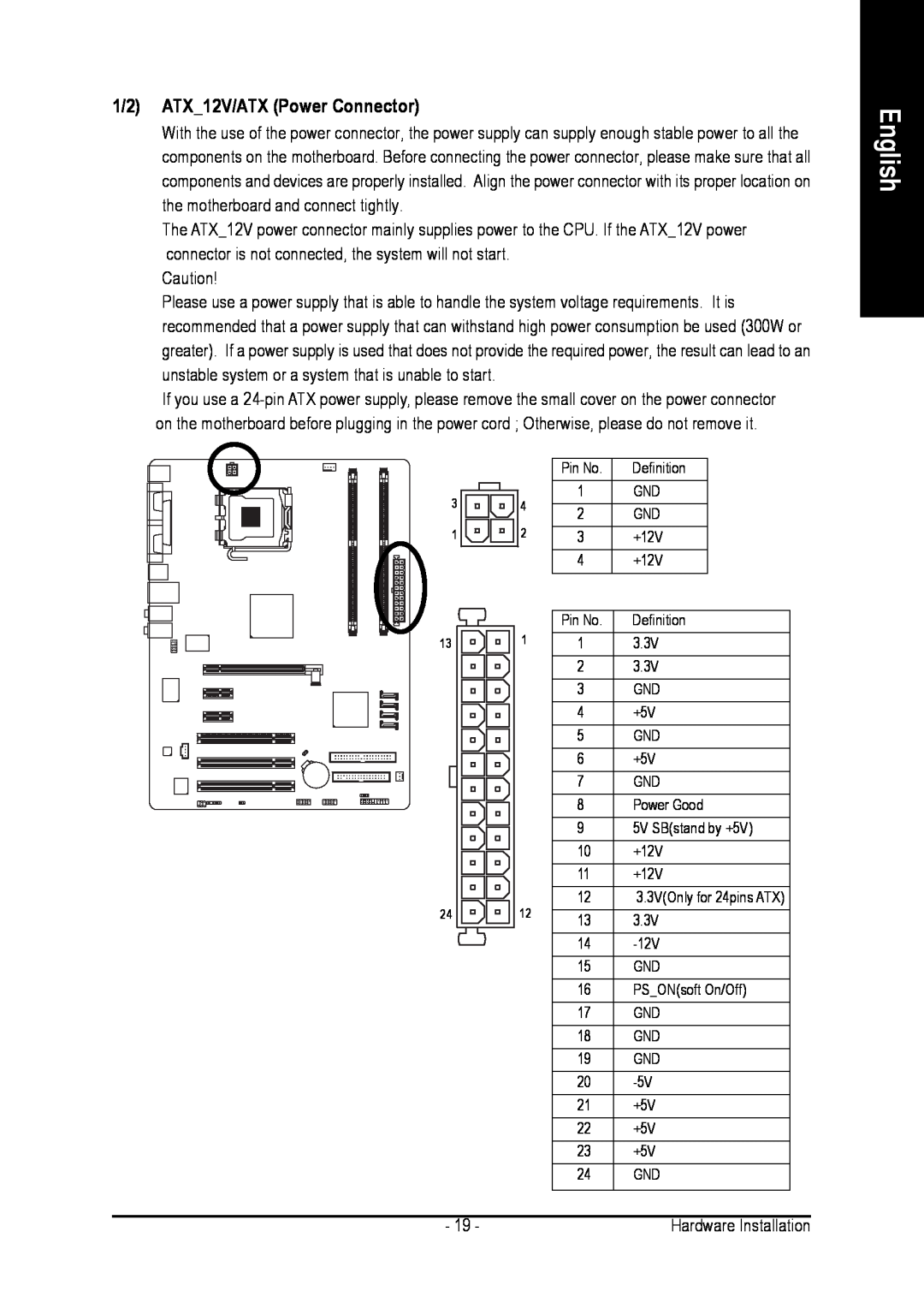 Intel GA-8I915PL-G user manual 1/2 ATX12V/ATX Power Connector, English 