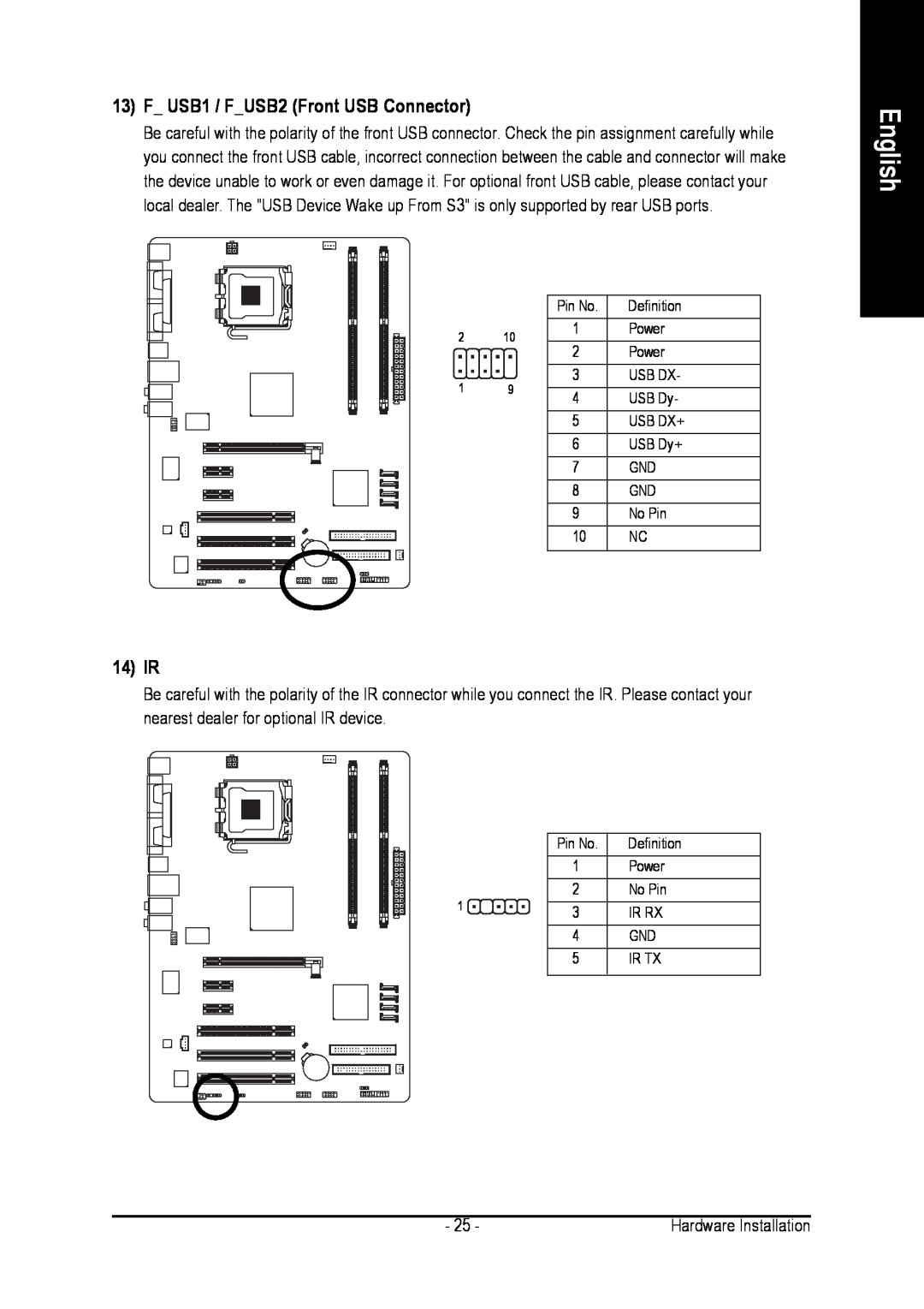 Intel GA-8I915PL-G user manual F USB1 / FUSB2 Front USB Connector, 14 IR, English 