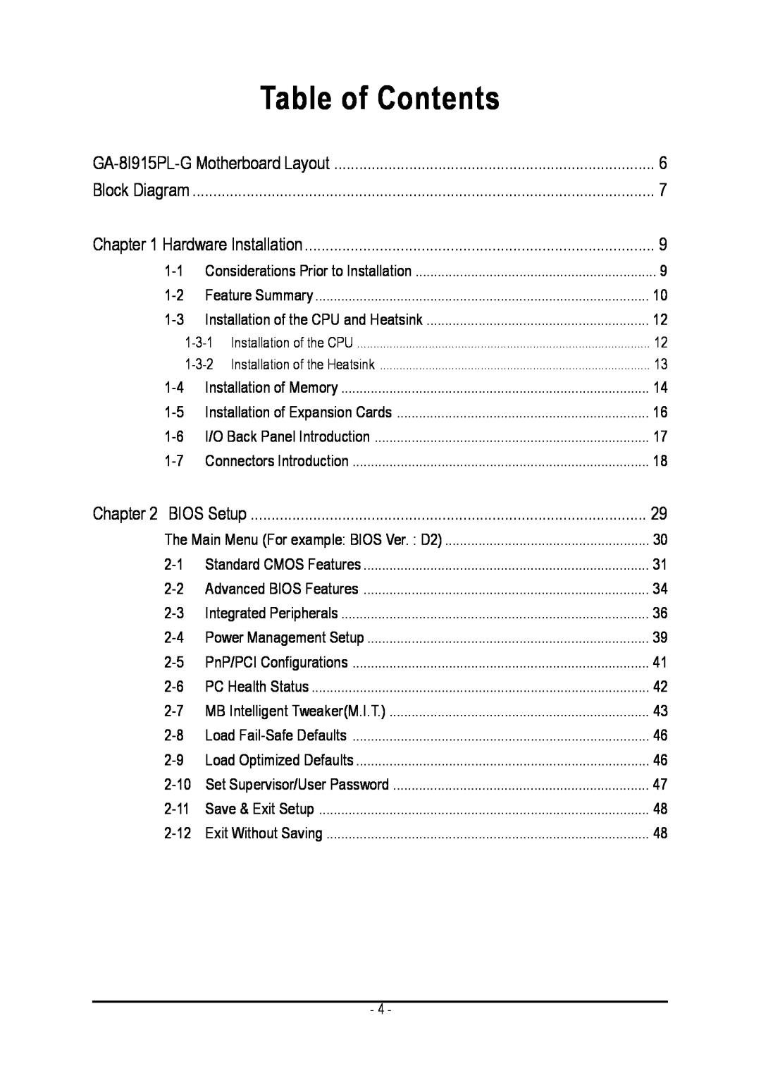 Intel GA-8I915PL-G user manual Table of Contents 