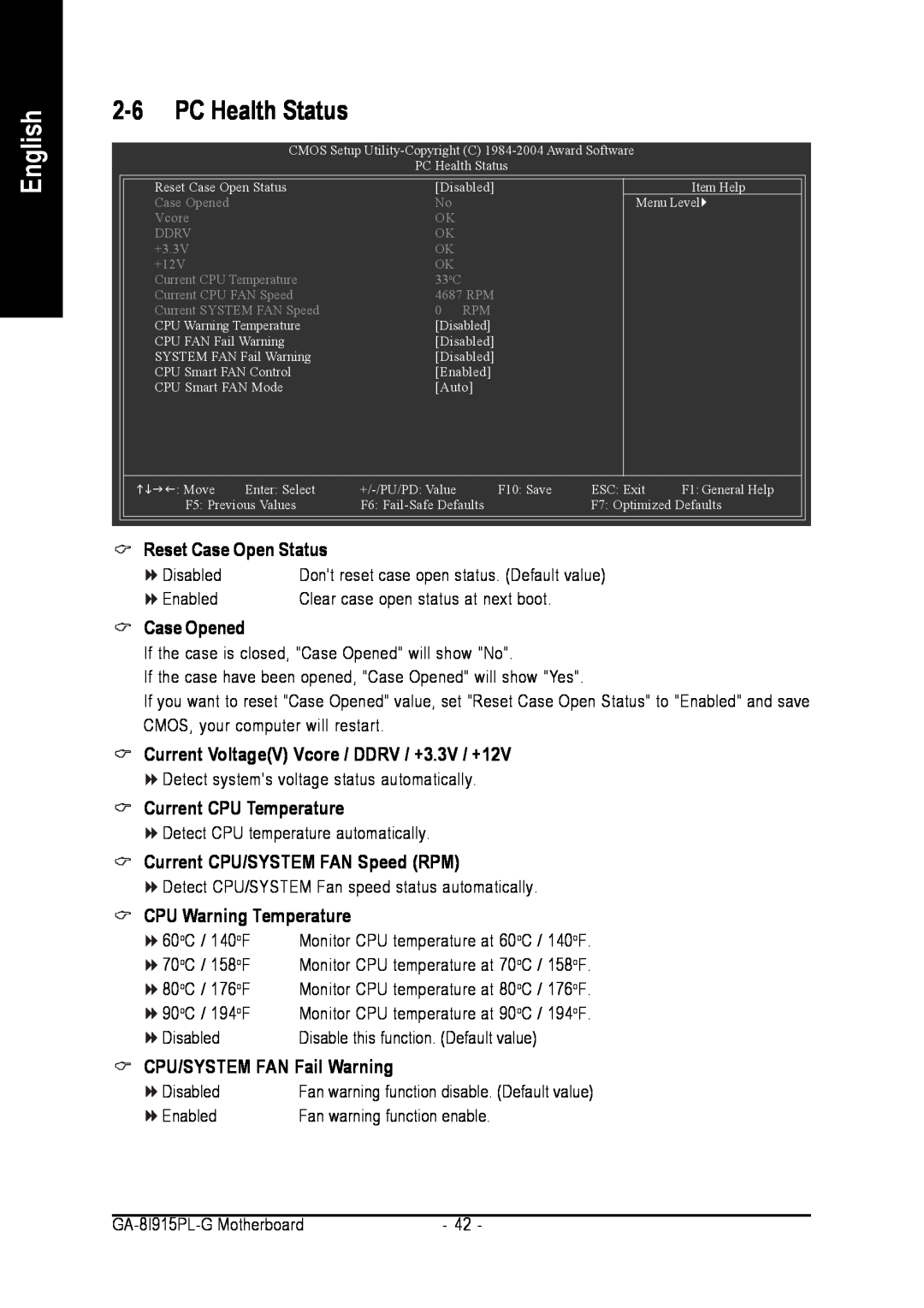 Intel GA-8I915PL-G PC Health Status, Case Opened, Current VoltageV Vcore / DDRV / +3.3V / +12V, Current CPU Temperature 
