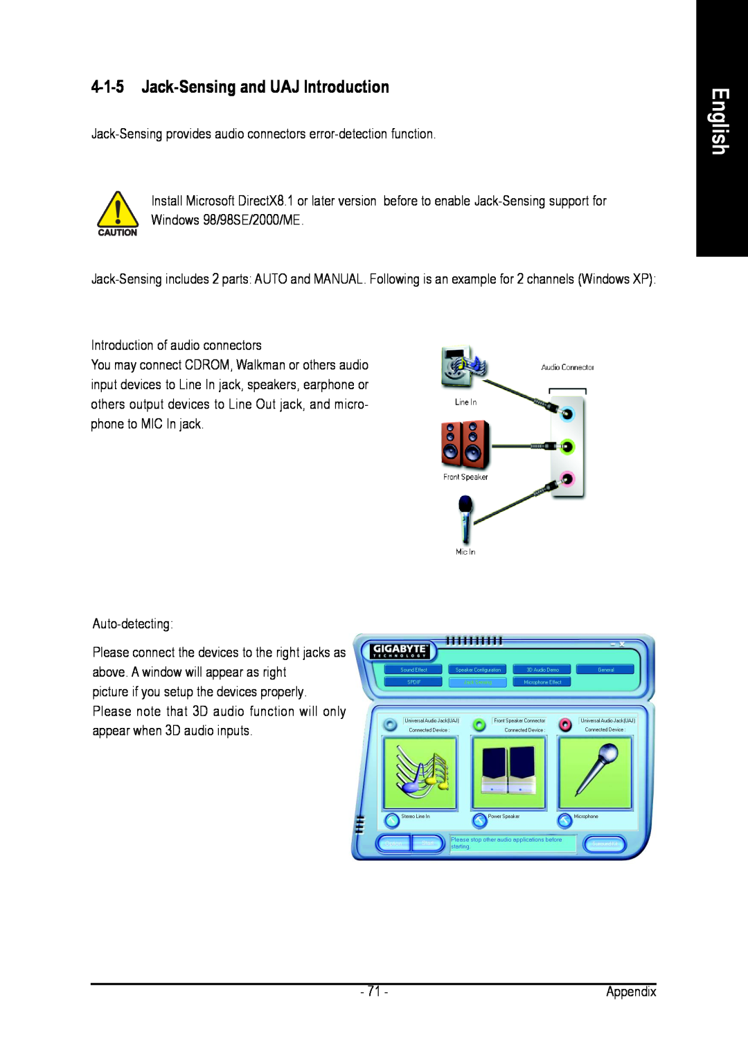Intel GA-8I915PL-G user manual Jack-Sensing and UAJ Introduction, English, Introduction of audio connectors, Auto-detecting 