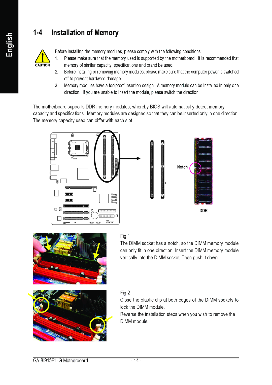 Intel GA-8I915PL-G user manual Installation of Memory 