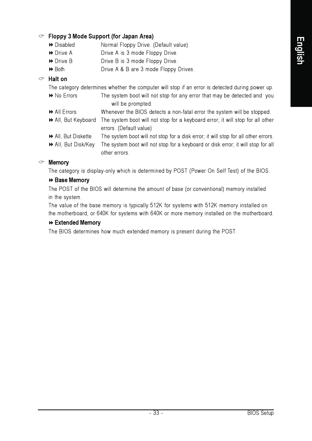 Intel GA-8I915PL-G user manual Floppy 3 Mode Support for Japan Area, Halt on, Base Memory, Extended Memory 