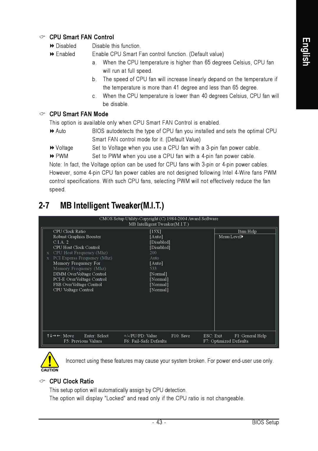 Intel GA-8I915PL-G user manual MB Intelligent TweakerM.I.T, CPU Smart FAN Control, CPU Smart FAN Mode, CPU Clock Ratio 